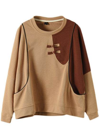Diy Khaki O-neck Patchwork Cotton Sweatshirts Top Spring