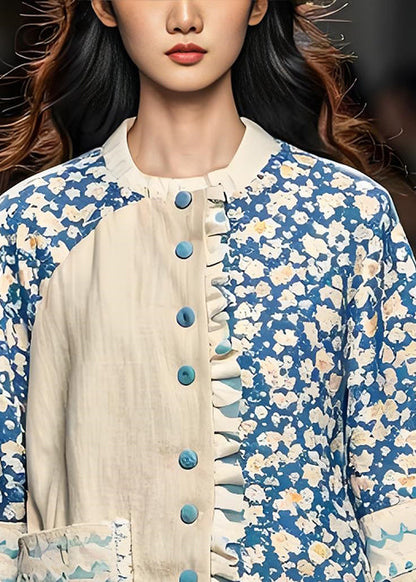 Ruffled Print Pockets Patchwork Cotton Coats Spring