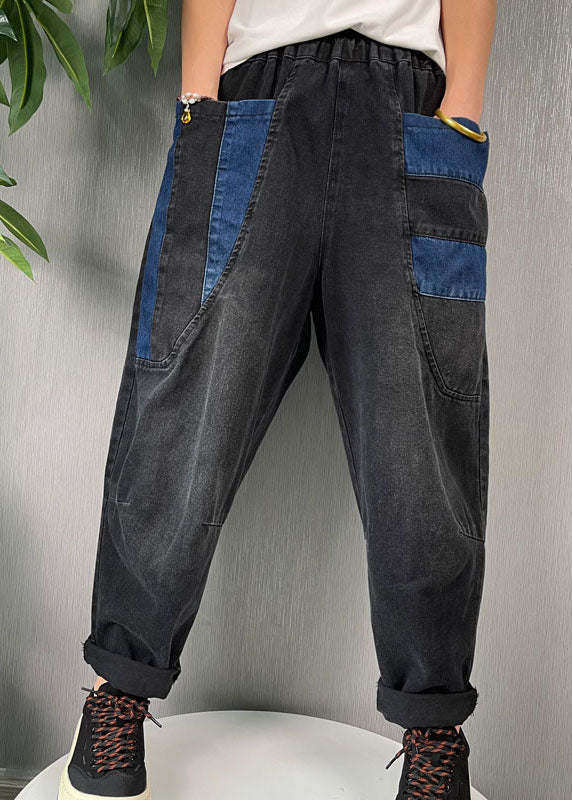 Natural Black Patchwork Denim Harem Pants Spring
