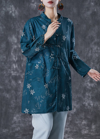 Blackish Green Print Chinese Button Cotton Shirt Fall