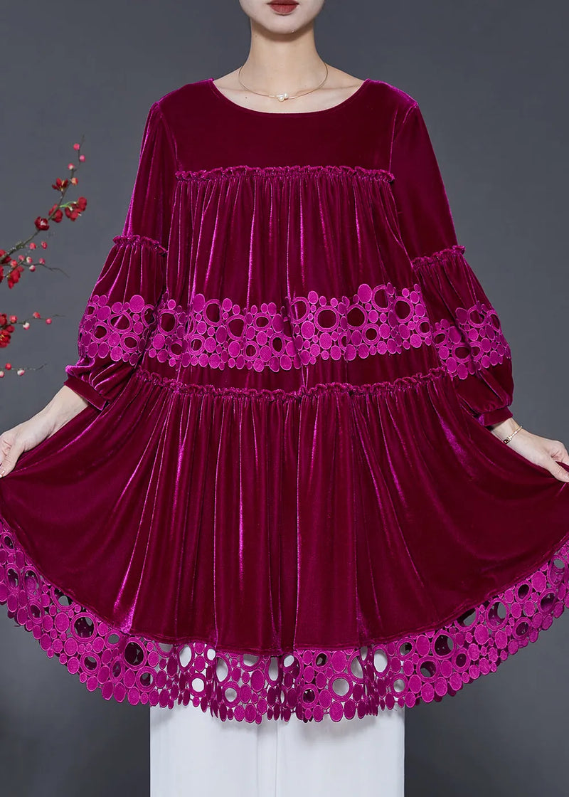 Rose Patchwork Lace Silk Velour Dress Oversized Lantern Sleeve