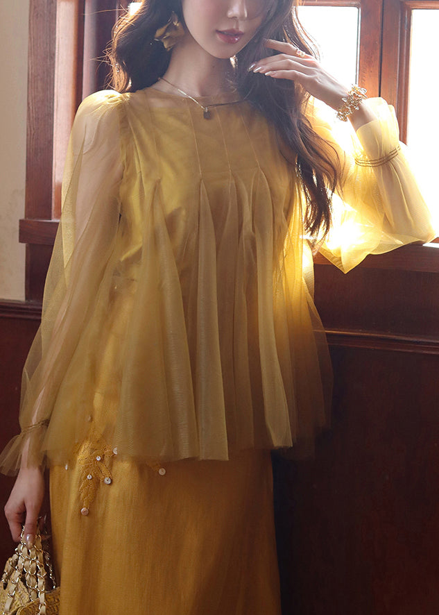 Art Yellow Tank and Tops Tulle Two Pieces Set Butterfly Sleeve