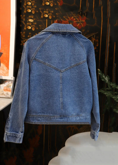 French Blue Peter Pan Collar Zip Up Patchwork Denim Coat Fall