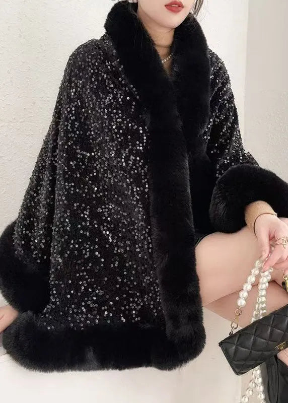 Red Fur Collar Sequins Warm Fleece Cape Coat Winter