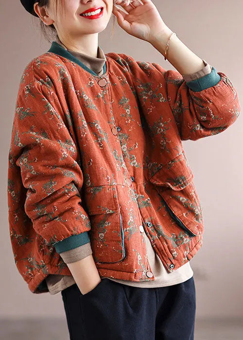 Orange Pockets Print Fine Cotton Filled Coats Spring