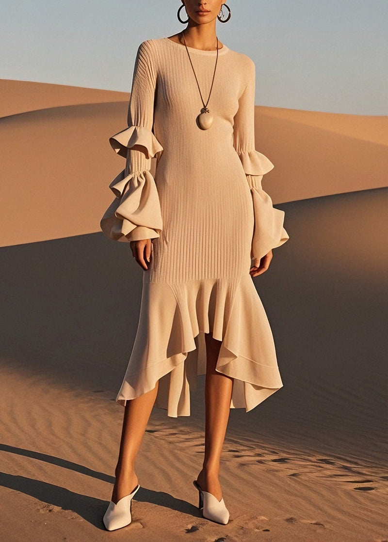 Classy O-neck Ruffled Patchwork Knit Dress Spring