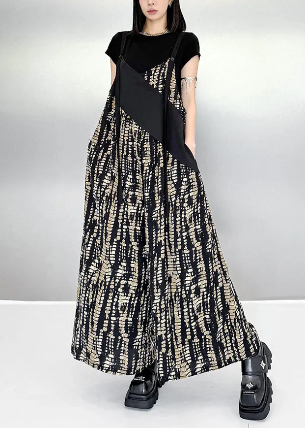 Black Oversized Patchwork Print Cotton Jumpsuits Summer