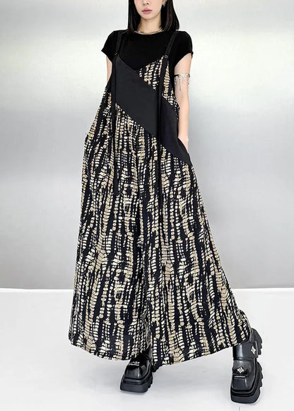 Black Oversized Patchwork Print Cotton Jumpsuits Summer