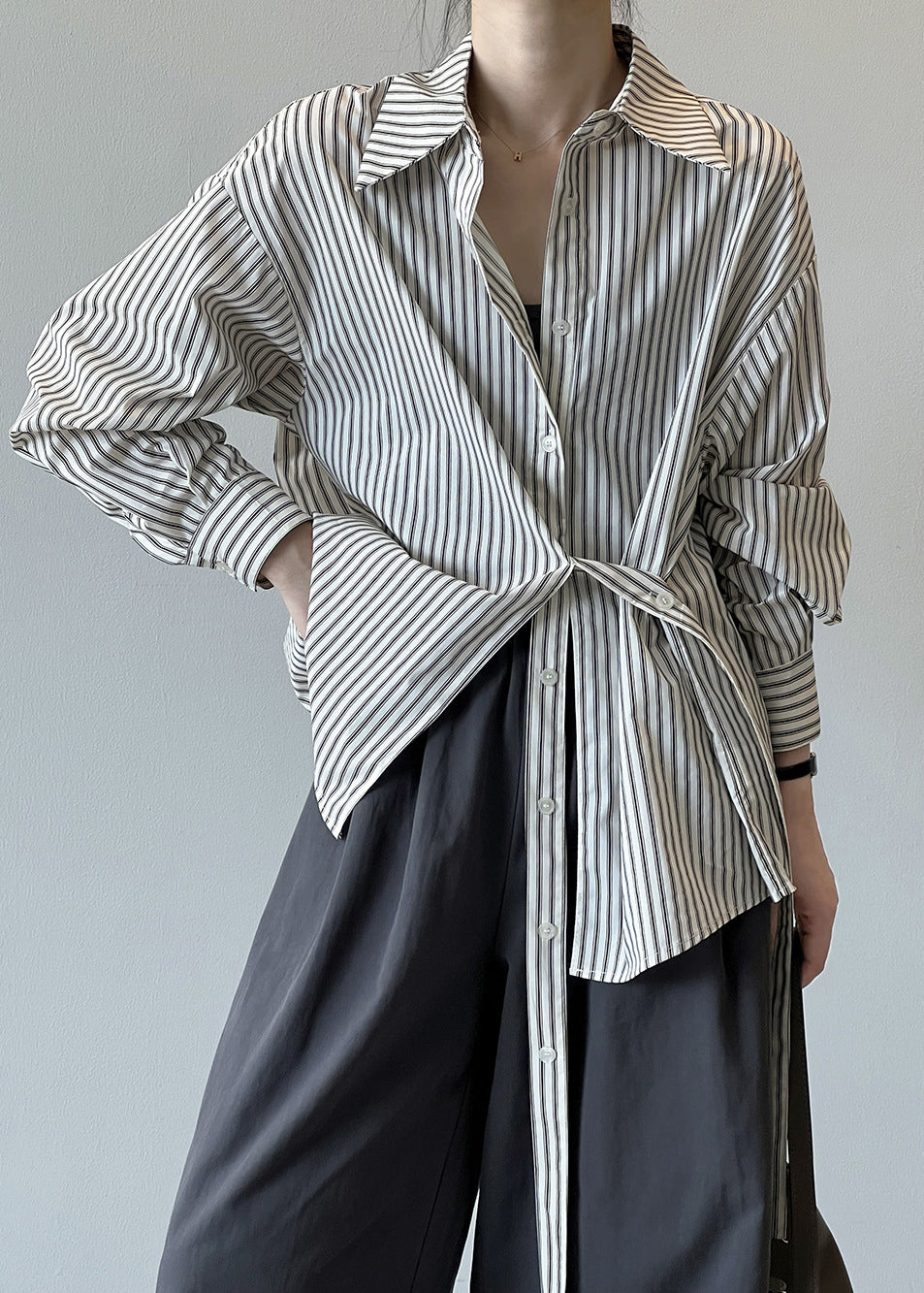 French Peter Pan Collar Striped Button Cotton Shirt Fall