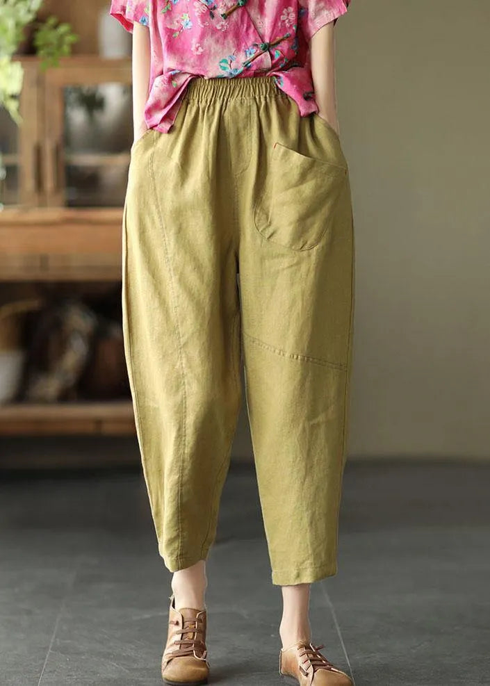 Stylish Yellow Linen Pockets Patchwork Summer Pants