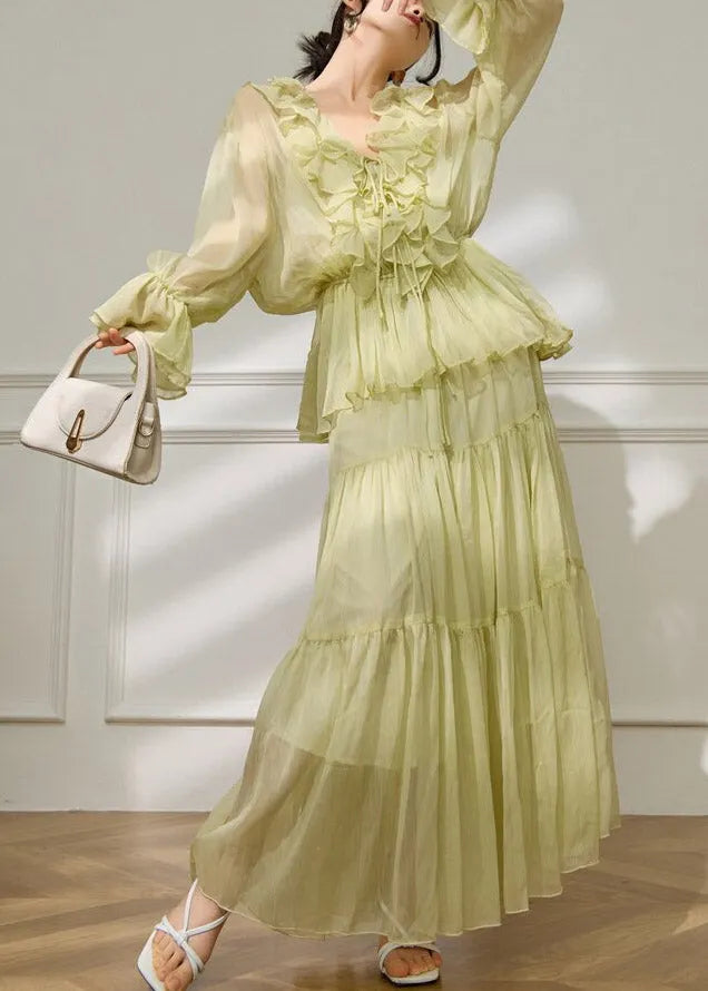 Light Green V Neck Ruffled Shirts and Maxi Skirts Two Pieces Set Flare Sleeve
