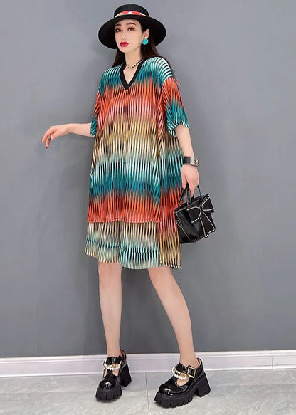 Red Striped Print Cotton Sets Two Pieces Low High Design Summer