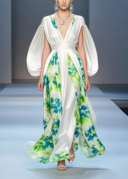 White Cinched Patchwork Silk Dress Cloak Sleeves