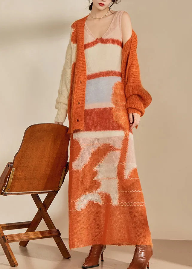 Orange Print Ma Hai Mao Knitted Two Piece Set Outfits Fall