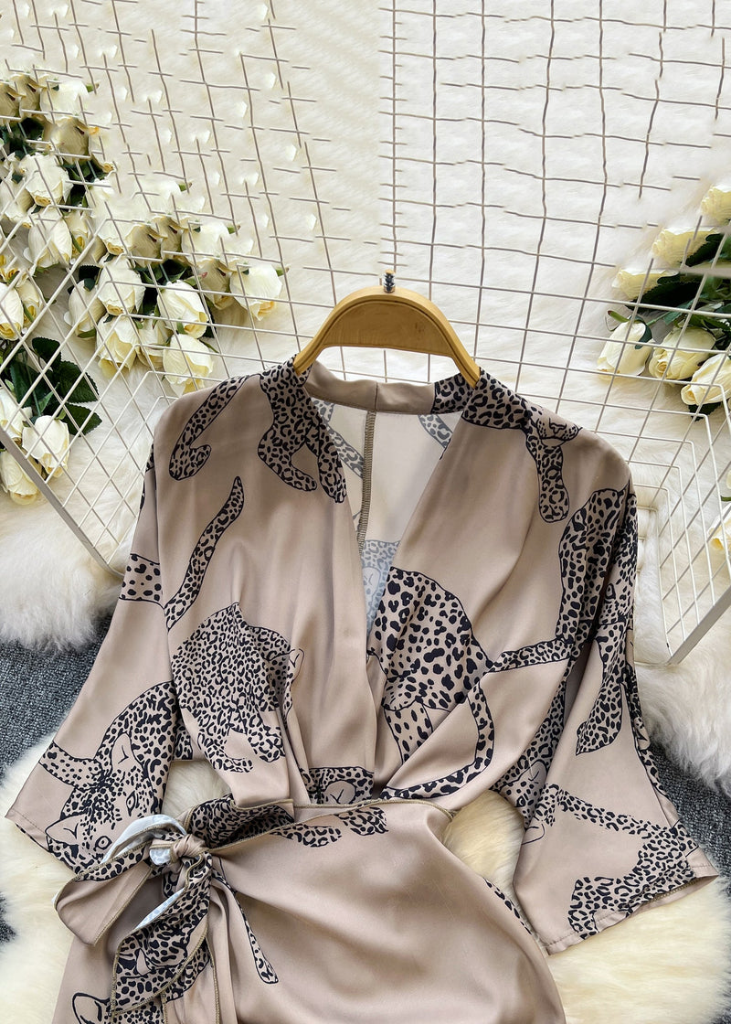 French Photo Color Print Lace Up Silk Dress Half Sleeve Summer