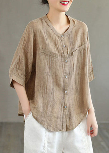 Classy Khaki O-neck Button Color Wrinkled Linen Shirt Top Half Sleeve