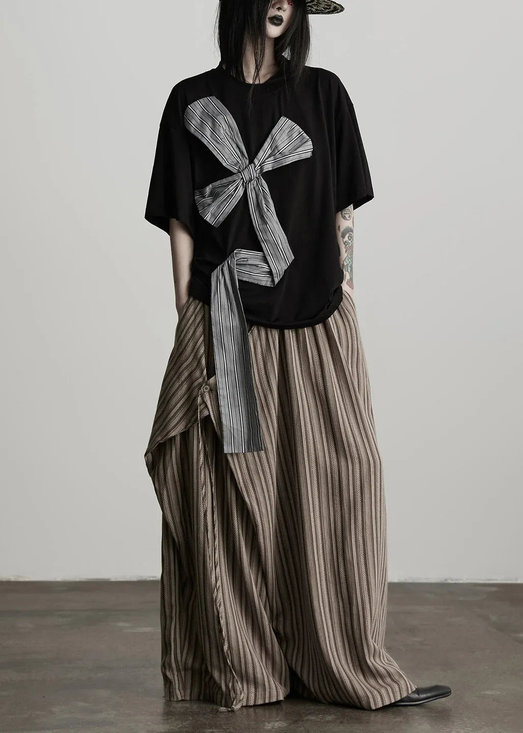 Coffee Pockets Striped False Two Pieces Cotton Pants Fall