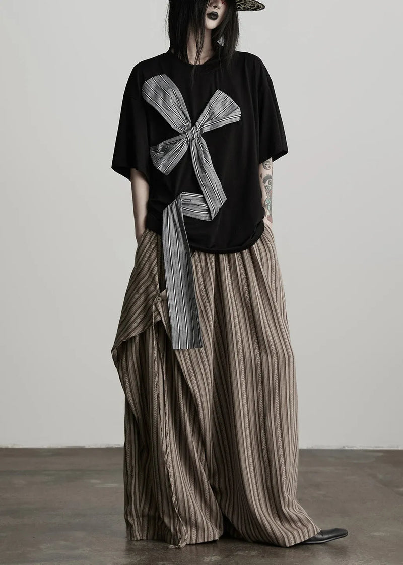 Coffee Pockets Striped False Two Pieces Cotton Pants Fall