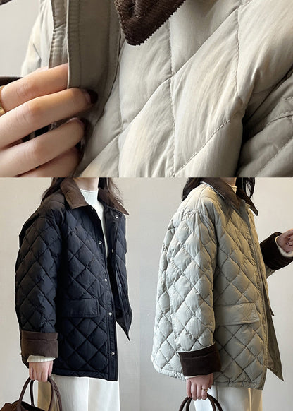 Grey Peter Pan Collar Corduroy Duck Down Puffer Jacket Winter