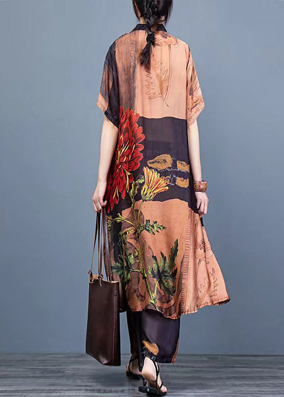 Chocolate Print Silk Shirt Dress and Wide Leg Pants Two Pieces Set Thin Half Sleeve