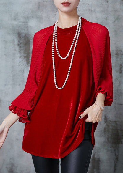 Red Oversized Patchwork Velour Shirt Tops Fall