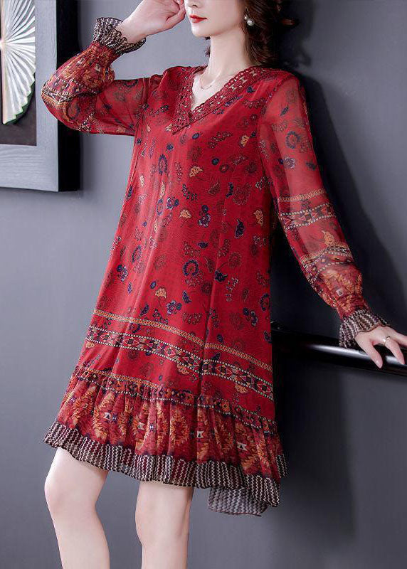 Modern Red V Neck Patchwork Ruffles Print Silk Dresses Long Sleeve Fall