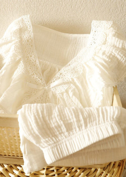 Art White Ruffled Patchwork Lace Cotton Pajamas Sets Spring