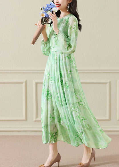 Green Wrinkled Print Chiffon Maxi Dress Long Sleeve