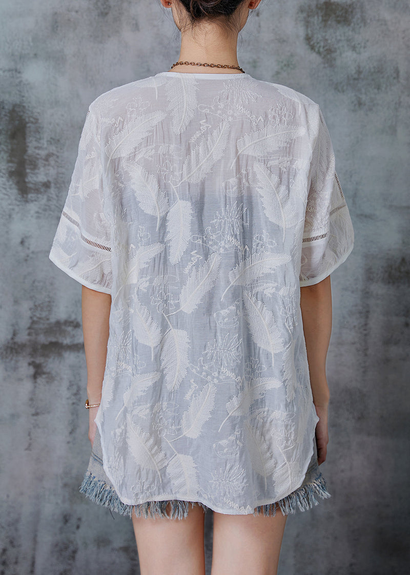 White Embroidered Chinese Button Cotton Shirt Tops Summer