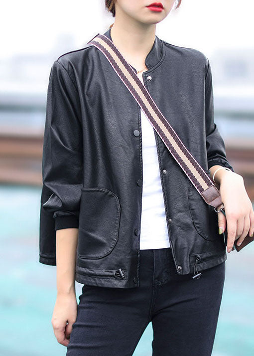 Black Button Drawstring Stand Collar Faux Leather Coats Long Sleeve