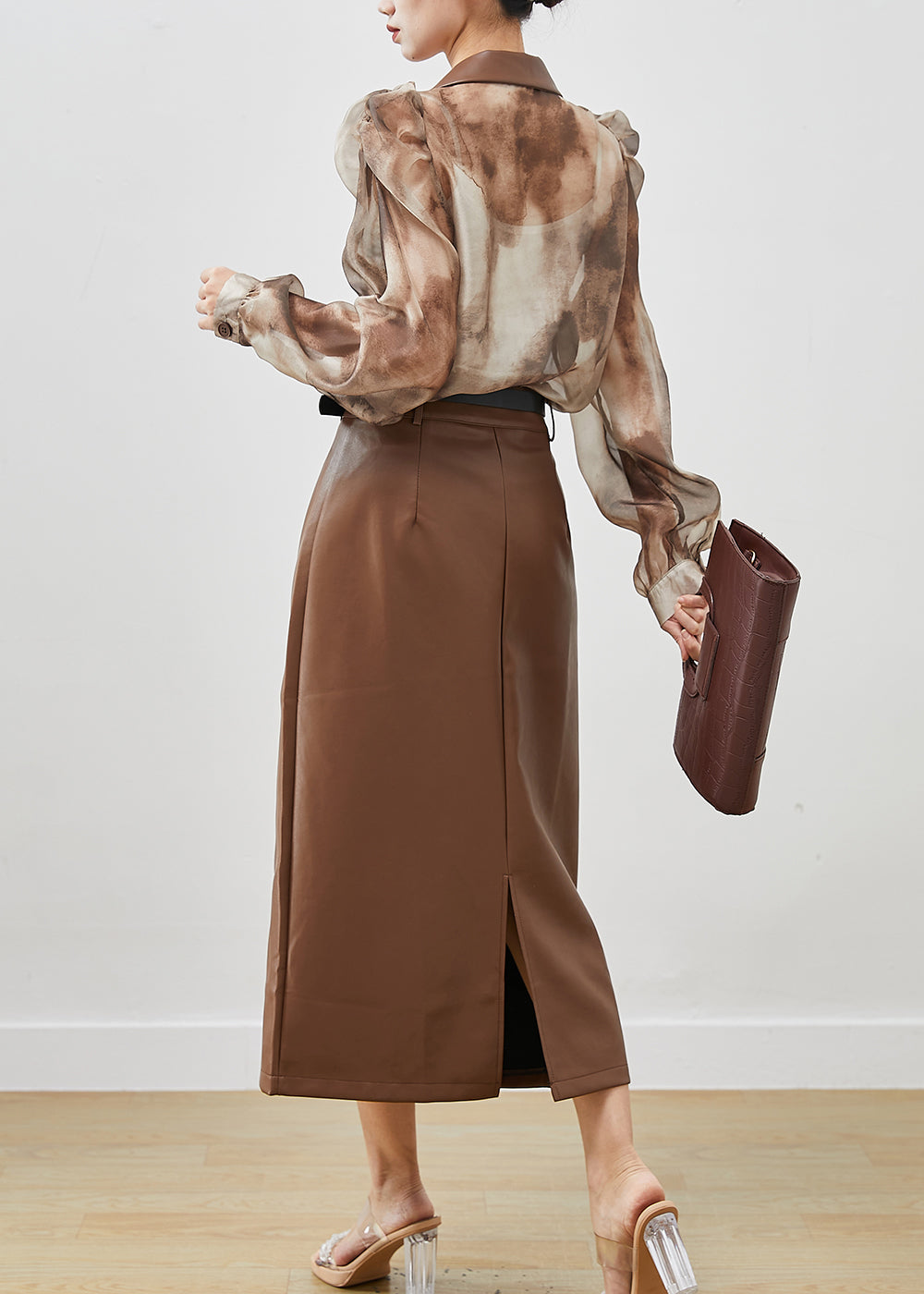Khaki Tie Dye Patchwork Chiffon Shirt and Faux Leather Skitr Two Piece Set Outfits Puff Sleeve