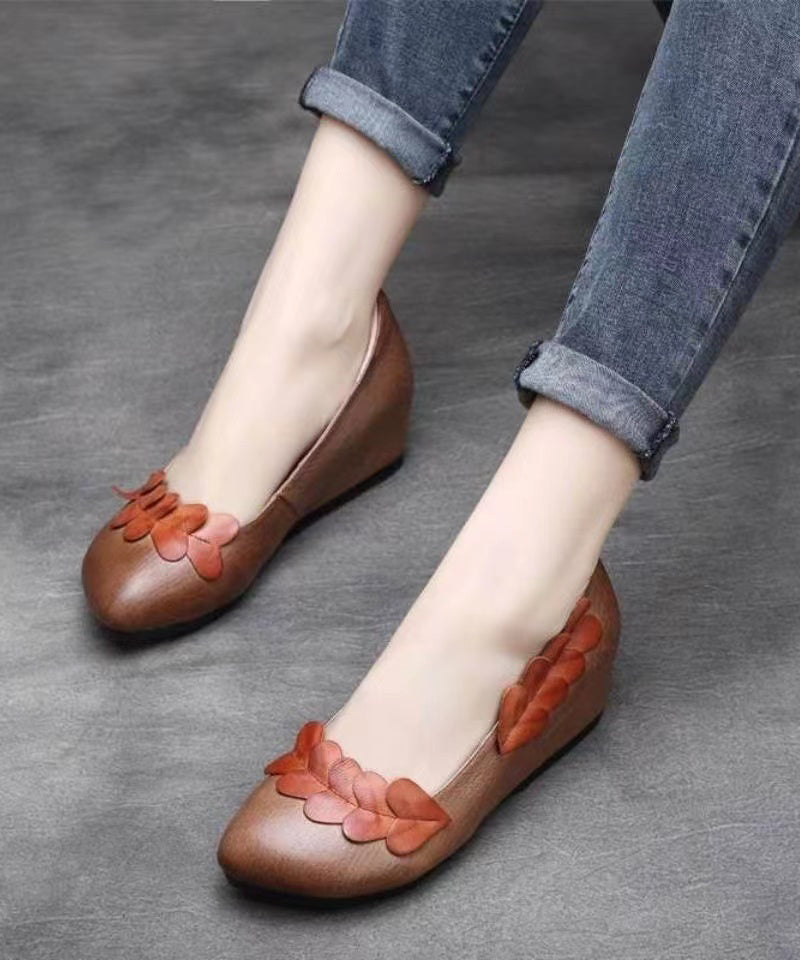 Handmade Retro Brown Wedge Heels Cowhide Leather Splicing