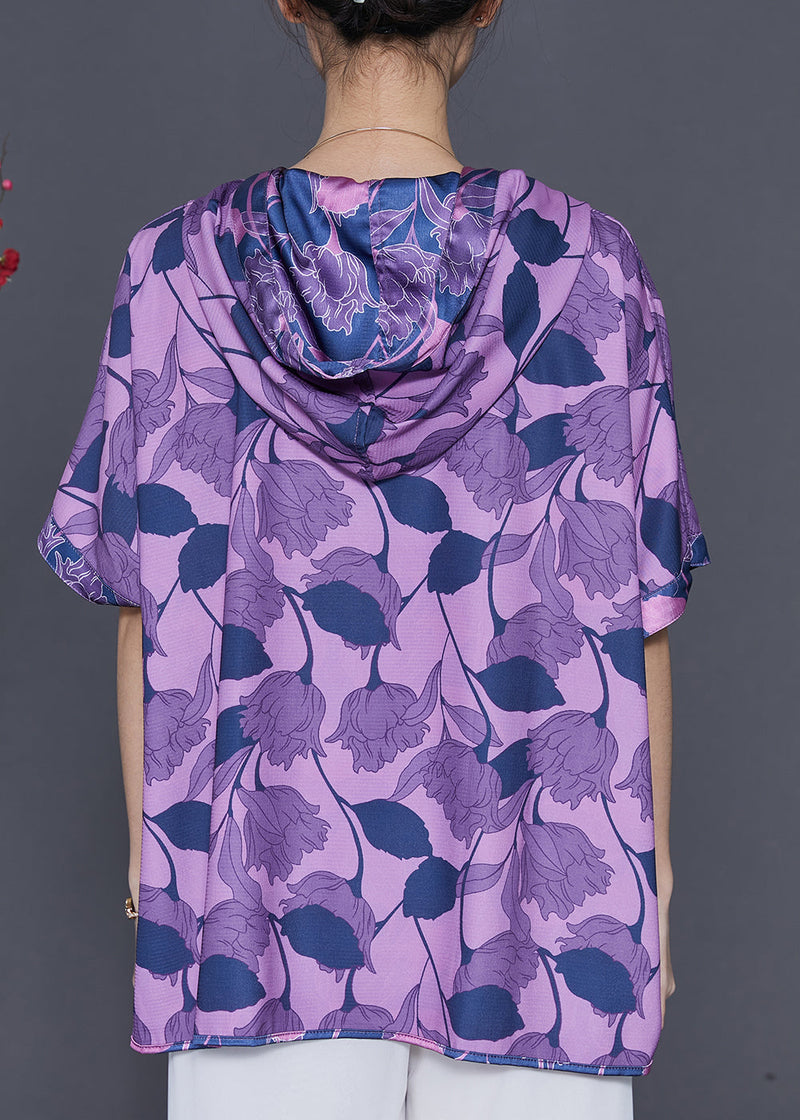 Purple Print Silk Sweatshirts Top Hooded Summer