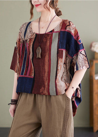 Chocolate Red Print Cotton Loose Tank Tops O-neck Short Sleeve