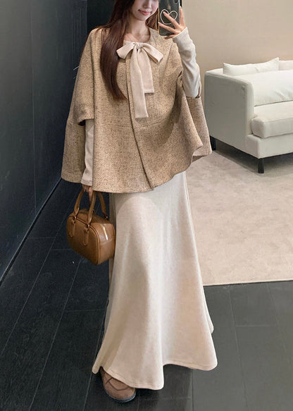 Original Oatmeal Bow Cape Coat and Dress Cotton Two Pieces Set Fall