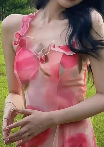 Pink Ruffled Print Chiffon Spaghetti Strap Dress Sleeveless