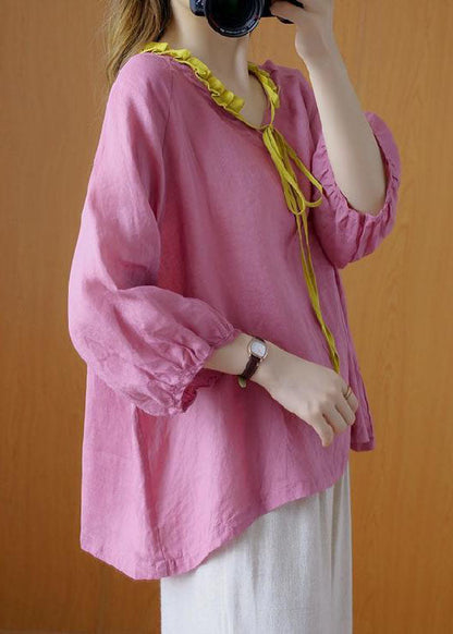 French Pink Ruffled Tie Asymmetrical Design Fall Shirt Three Quarter Sleeve