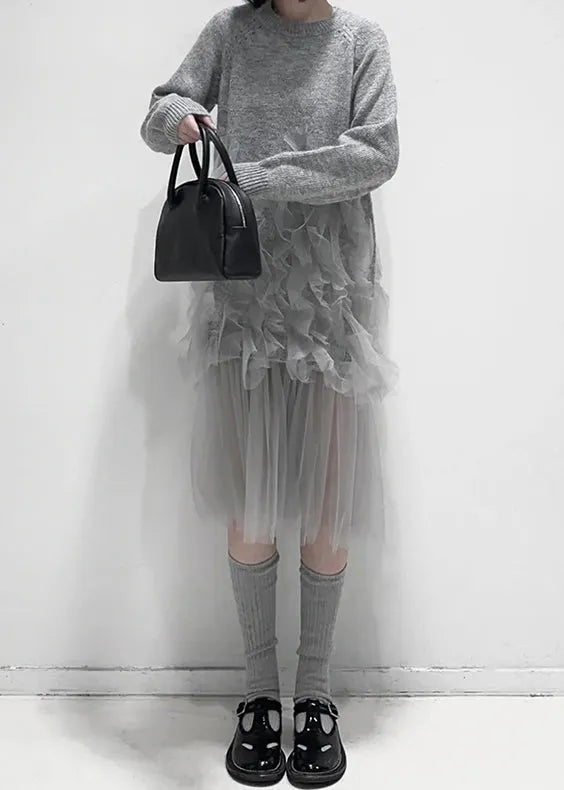 Art Grey Ruffled Tulle Patchwork Knit Dress Fall