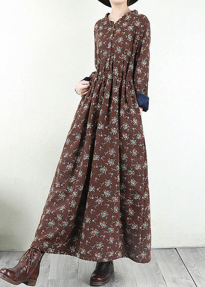 Red O-neck Cinched Print Warm Fleece Long Dresses Long Sleeve
