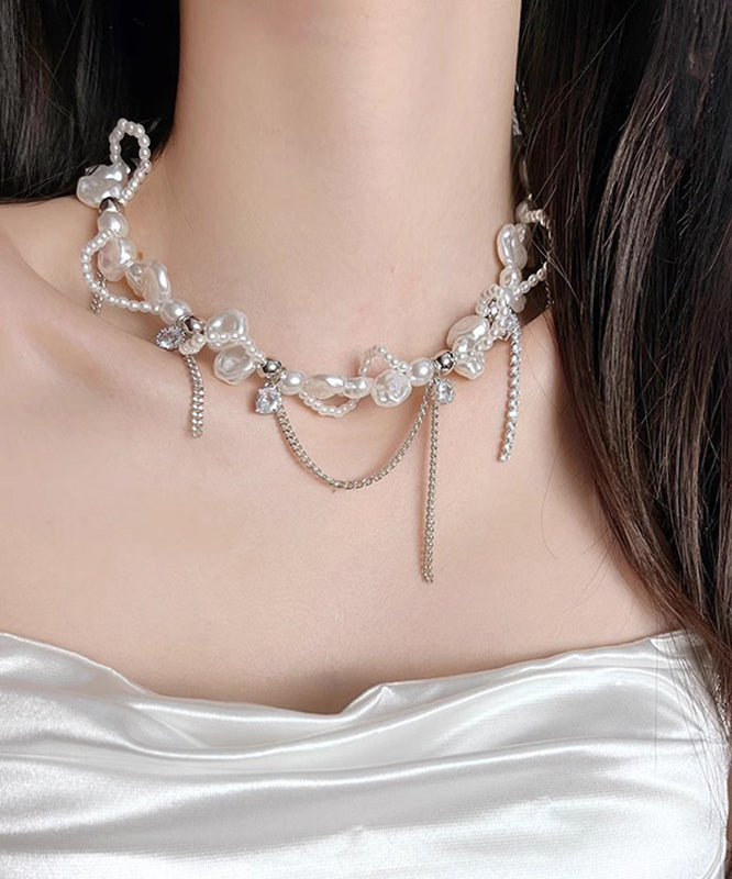 White Copper Zircon Pearl Chain Lariat Necklace