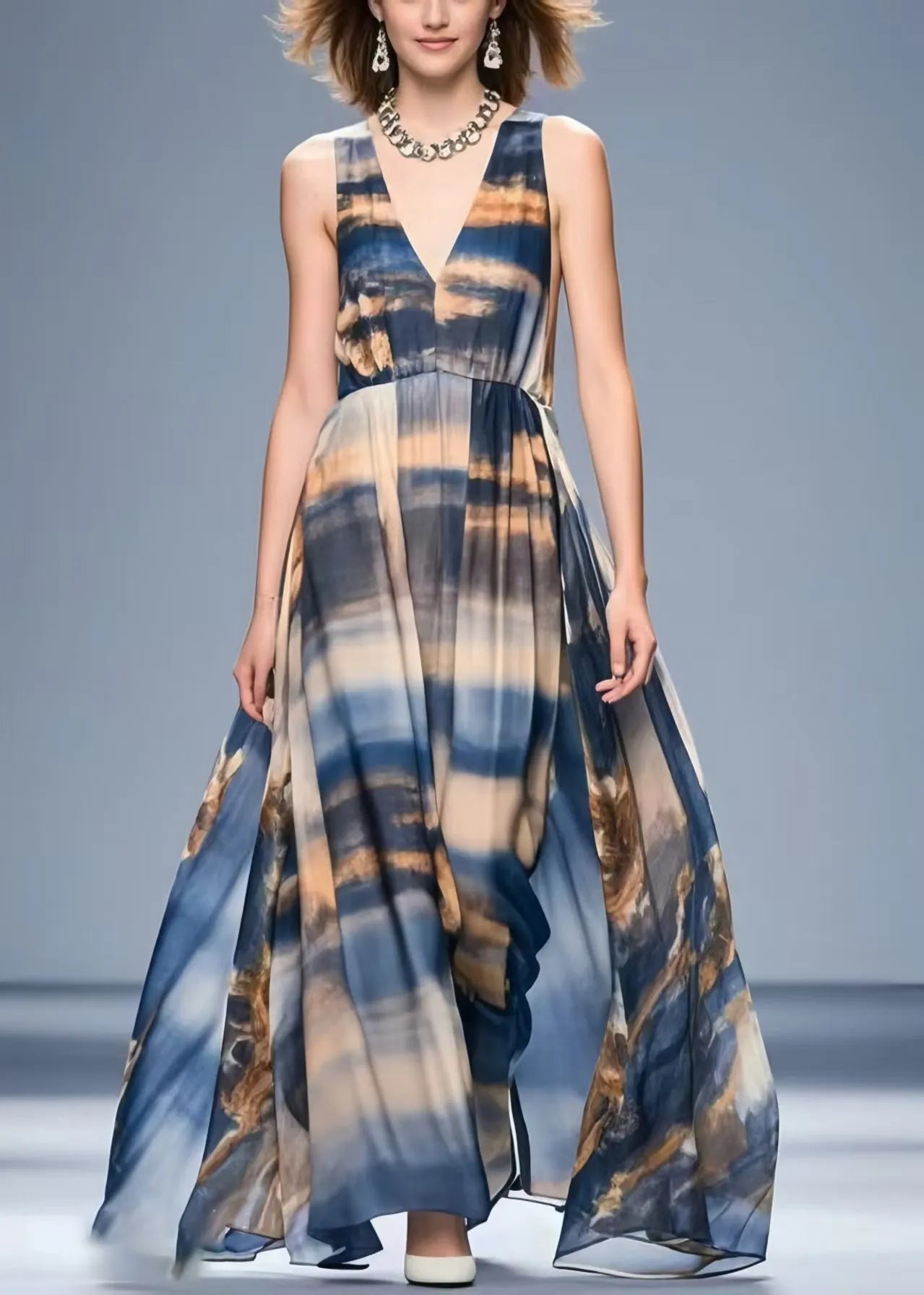 Navy Tie Dye Exra Large Hem Chiffon Beach Dress Summer