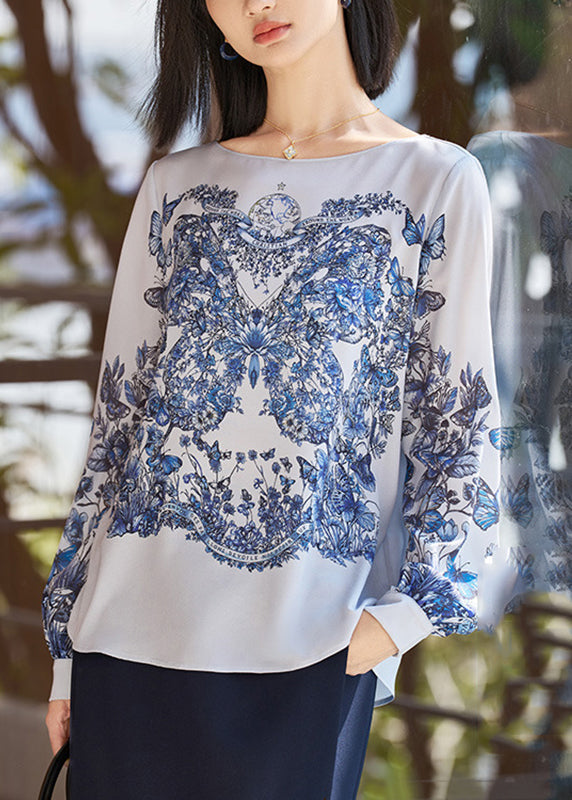 Blue O-neck Print Shirt Fall