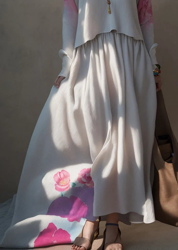 Loose Beige V Neck Print Fake Two Pieces Silk Maxi Dress Fall