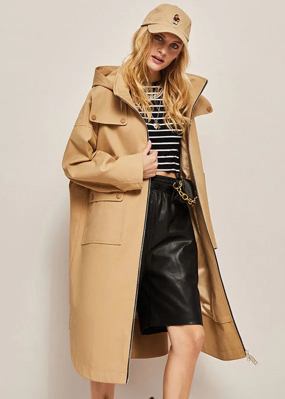 Khaki Hooded Zippered Cotton Cocoon Coats Spring