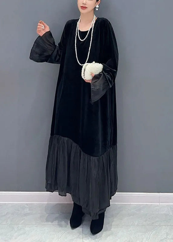 Black Tulle Patchwork Silk Velour Maxi Dress Fall