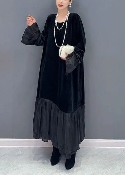 Black Tulle Patchwork Silk Velour Maxi Dress Fall