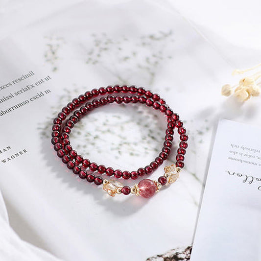 Buddha Stones 14k Gold Plated Natural Garnet Strawberry Quartz Butterfly Protection Double Wrap Bracelet