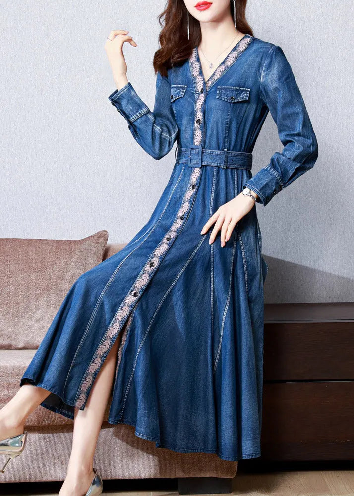 Blue V Neck Print Button Sashes Silk Denim Maxi Dresses Long Sleeve Spring
