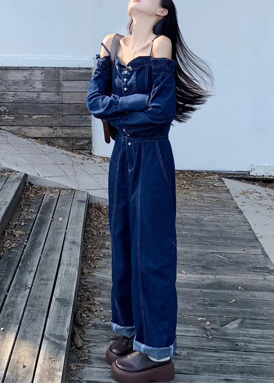 French Denim Blue Cold Shoulder Button Pockets Spaghetti Strap Jumpsuits Sleeveless