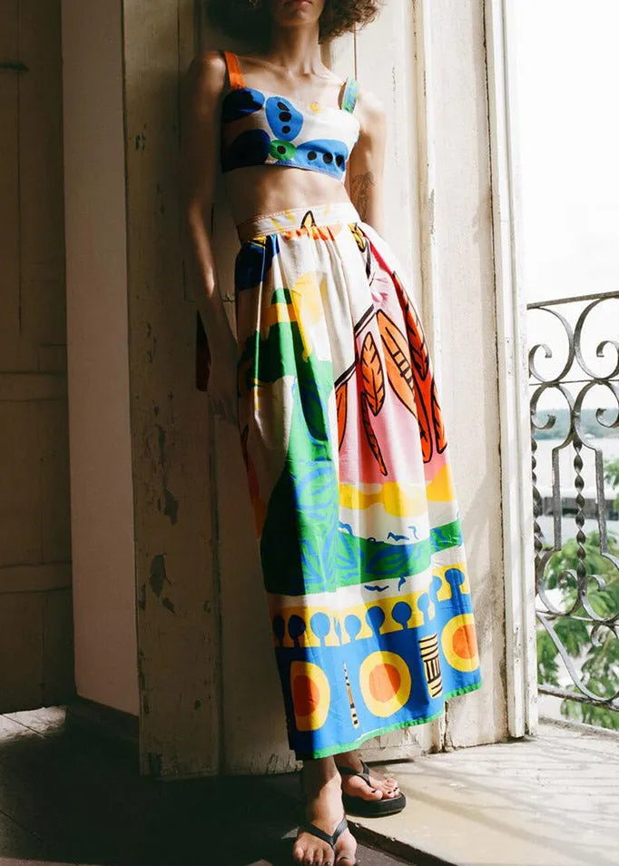 Italian Print Vest and a Line Skirts Two Piece Set Summer